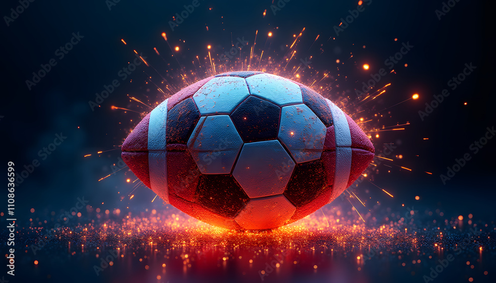 Fototapeta premium Shattered Football with Dynamic Neon Sparks