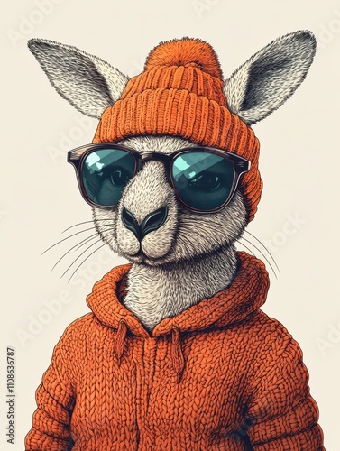 A cartoon rabbit wearing a red sweater and an orange hat with sunglasses on photo