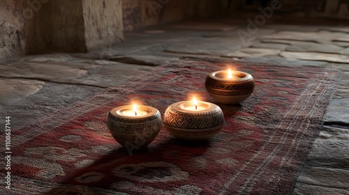 A high-resolution shot of the menorah s candles glowing brightly, casting warm light on a nearby dreidel. photo