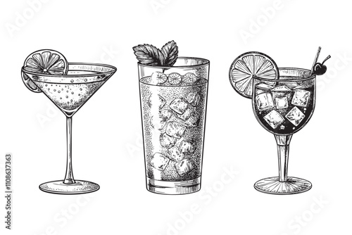 different cocktails drink glass sketch engraving drawing vector illustration