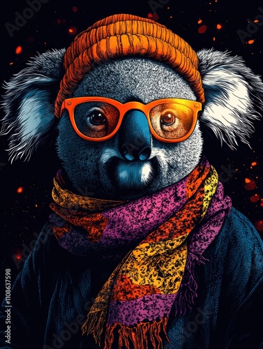 t-shirt design of a cool koala wearing orange glasses and a yellow beanie photo