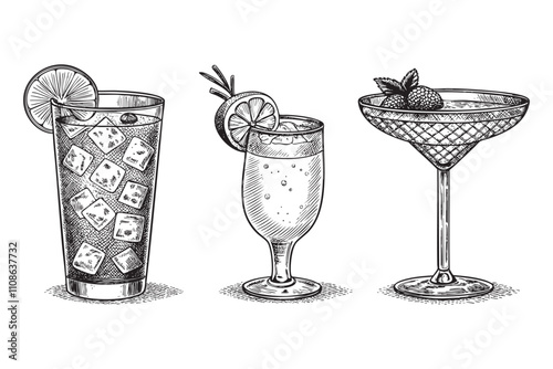 different cocktails drink glass sketch engraving drawing vector illustration