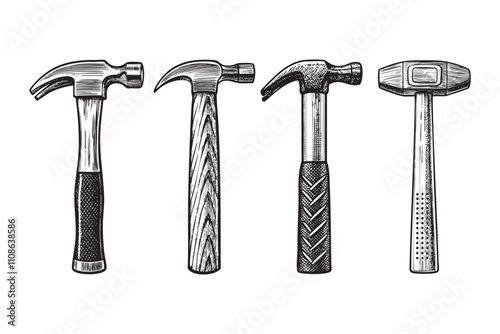 Set of different hammers hammer sketch engraving drawing vector illustration