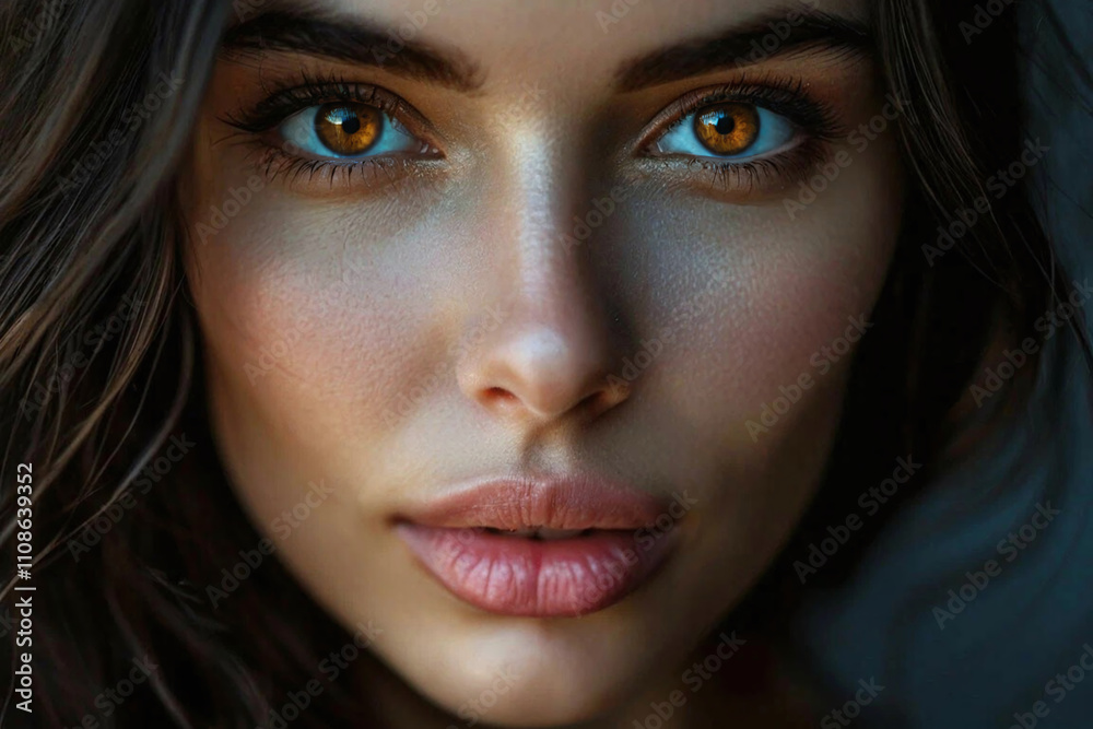 The image shows a close-up of the face of a young woman with expressive brown eyes. She has fair skin, full lips and dark hair The image shows a close-up of the face of a young woman with expressive brown eyes. She has fair skin, full lips and dark hair