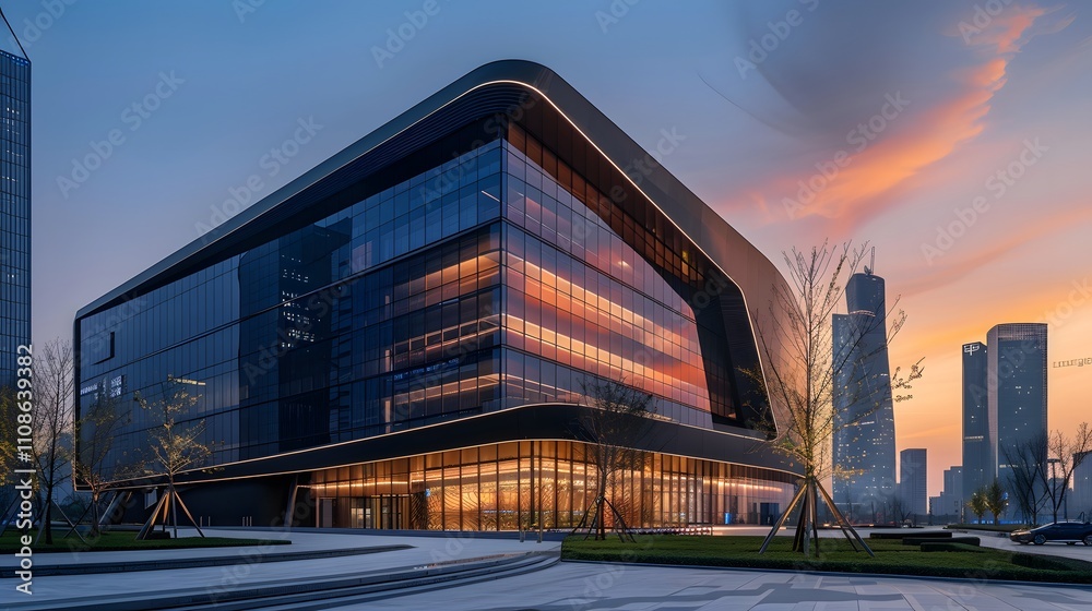 Fototapeta premium Modern Glass Building Sunset Cityscape Reflection