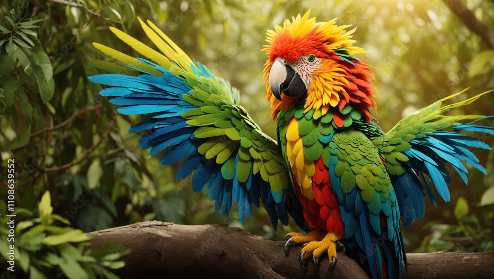Obraz premium A colorful parrot with outstretched wings perched on a branch in a lush green jungle.
