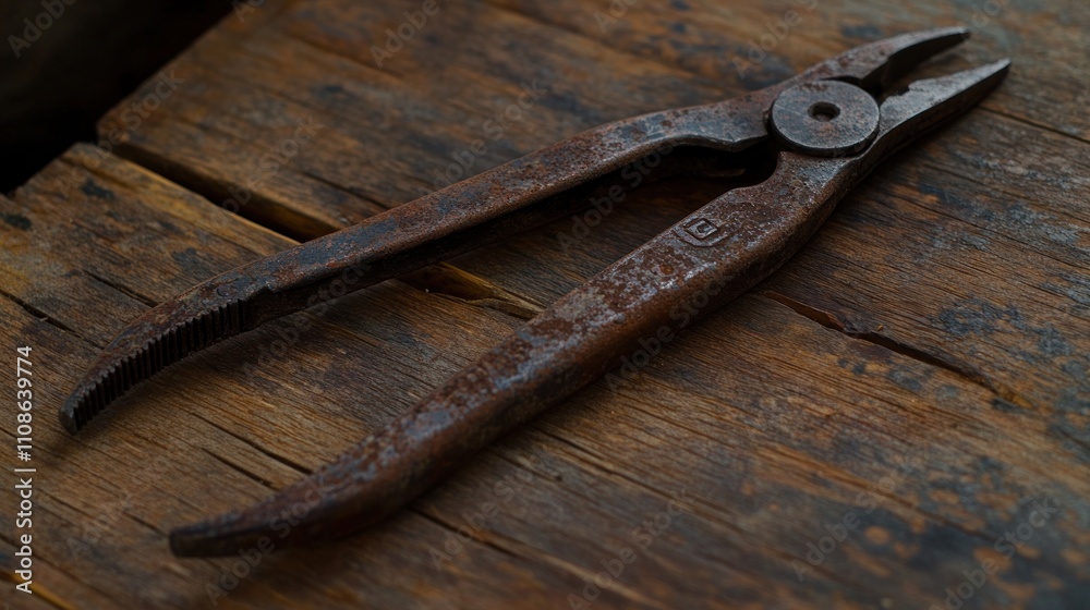 Rusty Pliers Resting On A Weathered Wooden Surface Rusty Pliers Resting On A Weathered Wooden Surface
