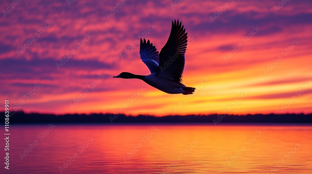 Obraz premium Majestic Goose Soaring at Sunset Over Calm Lake