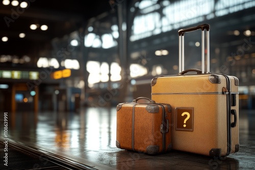 Two suitcases, one small and one large, stand on a reflective airport floor with a question mark symbol, evoking mystery and travel in a modern environment. photo