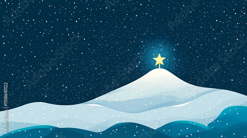 A snowy hilltop with a starry night sky and a glowing star at the peak symbolizing the holiday spirit