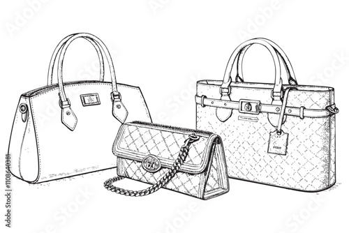 Set of different woman bags sketch engraving drawing vector illustration