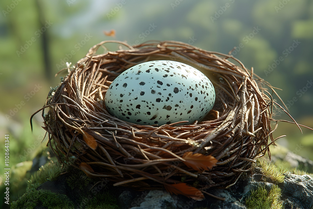 Obraz premium A realistic depiction of a single eagle egg resting in a meticulously crafted nest