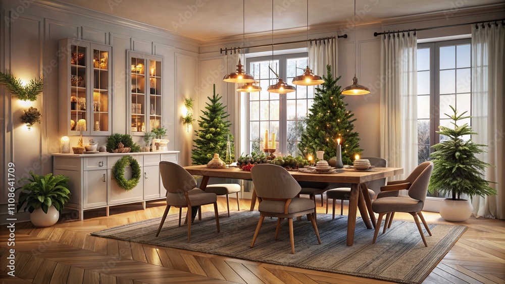 Fototapeta premium Scandinavian Dining Room, Festive Christmas, Low Light, Neutral Tones, AI Photo