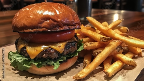 Juicy grilled beef burger with melted cheddar cheese, lettuce, tomato, and a side of golden french fries served on a wooden table. photo