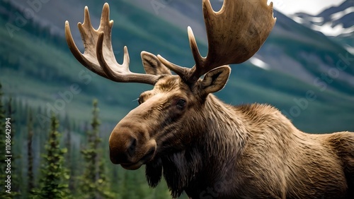 Majestic Alaskan Moose with Massive Antlers in Mountainous Habitat photo