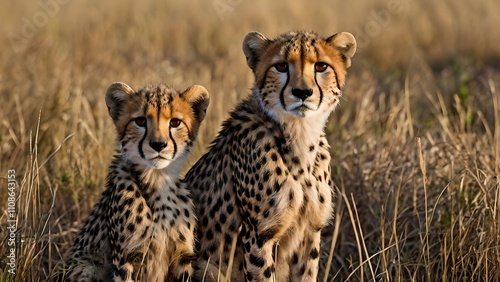 Cheetah Mother and Cub Portrait in African Savanna Grassland photo