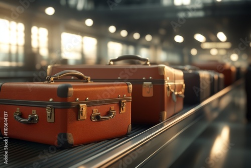 A row of vintage leather suitcases sits atop an airport carousel amid glossy surfaces and bustling activity, adding a classic touch to modern travel environment. photo