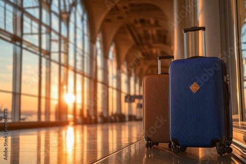 Two suitcases, one brown and one blue, are placed together in a vast airport terminal, bathed in warm sunlight from a sunrise streaming through large glass windows. photo