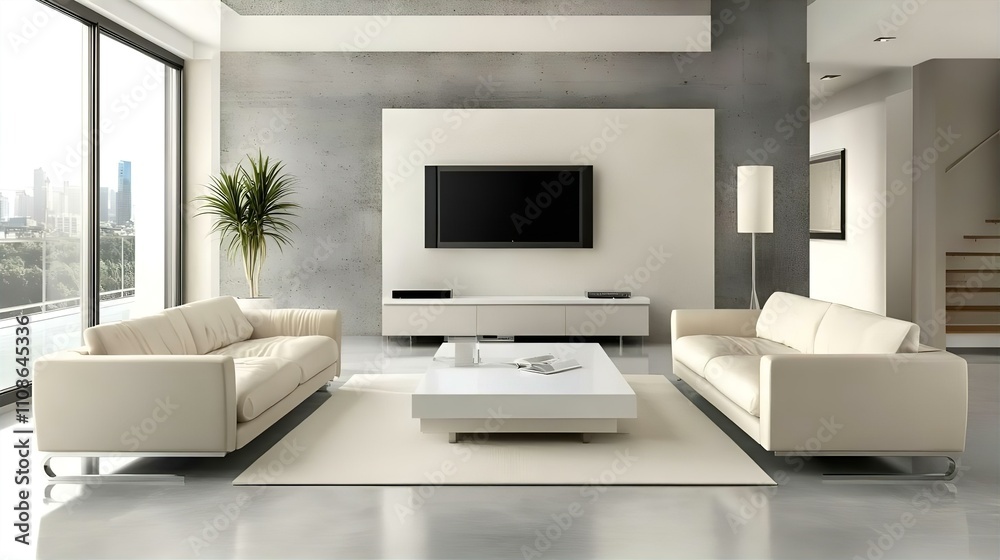 Obraz premium Modern Living Room Interior Design: Sleek White Sofas, Concrete Wall, City View