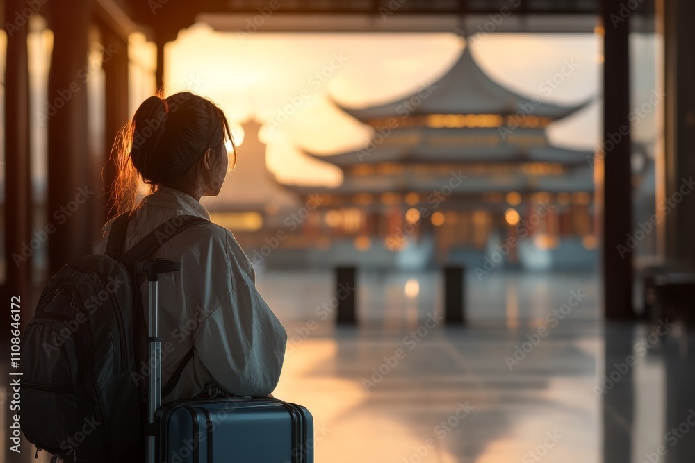 Naklejka premium A traveler stands in an airport terminal, gazing out at a majestic pagoda bathed in the warm glow of the sunset, with a suitcase by her side, poised for adventure.