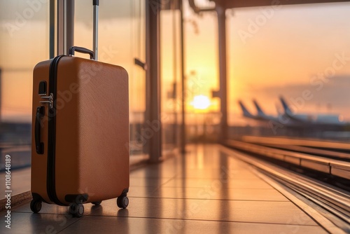 A single orange suitcase is positioned near a large glass window in an airport, with the backdrop of airplanes on the tarmac at sunrise, reflecting travel possibilities. photo