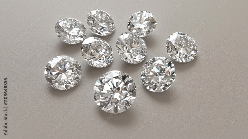 A collection of sparkling, round diamonds arranged on a neutral background, showcasing their brilliance and clarity.