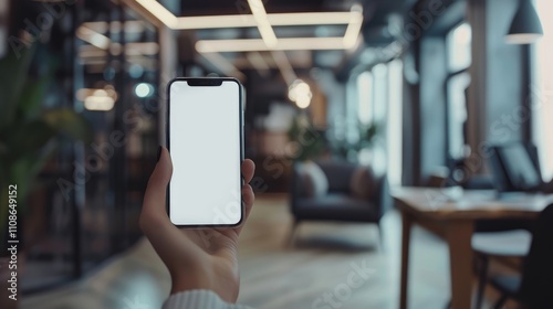 Close-up of a hand holding a smartphone with a blank screen in a cozy, plant-filled room. Ideal for mockups, app presentations, and technology themes.