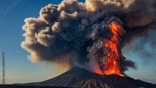 Active volcano. Volcano island in the sea, lava flows, eruption photo