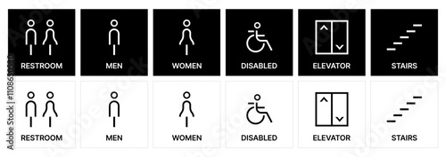 Universal Public Signage Icons for Restrooms, Accessibility, Elevators, and stairs. Male and female gender icon and symbols. disabled icon. toilet icons and public pictogram.