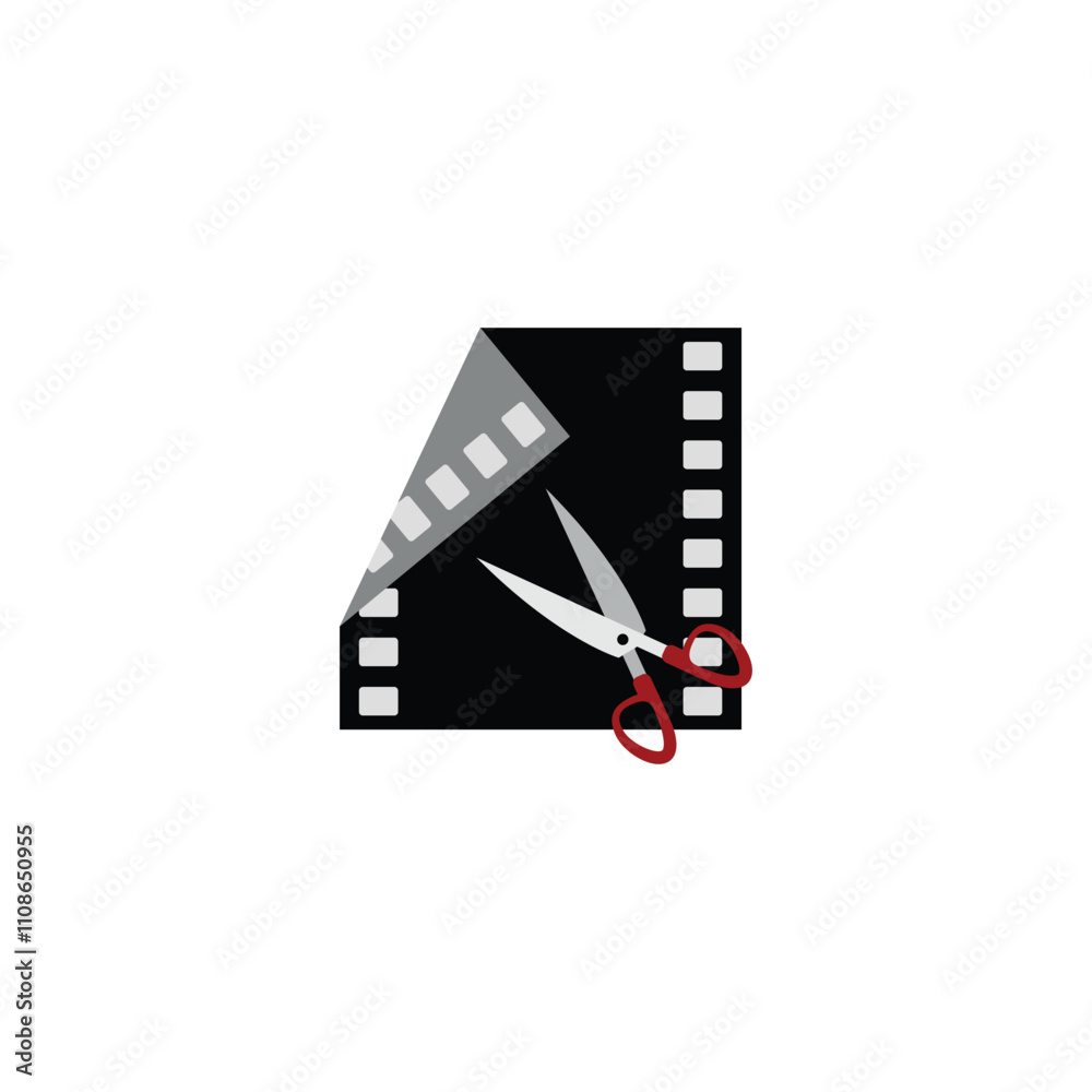 Fototapeta premium Video Editing Cut Post-production - Symbol, video editing emblem ,scissors and film strip, black isolated silhouette.