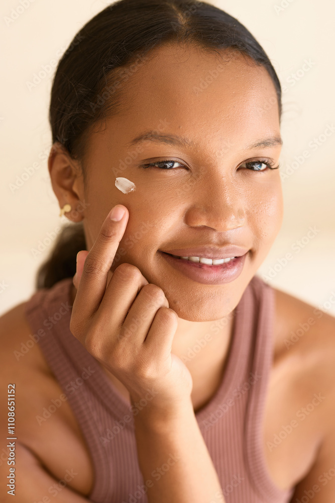Face Cream Application On Smiling Woman, Promoting Skincare And Beauty Routine. The Image Captures The Concept Of Self-Care, Freshness, And Positivity In Skin Health. Face Cream Application On Smiling Woman, Promoting Skincare And Beauty Routine. The Image Captures The Concept Of Self-Care, Freshness, And Positivity In Skin Health.