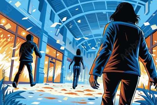 A deserted, decaying dystopian shopping mall overrun by zombies, showcasing shattered windows, abandoned shopping carts, and decaying mannequins amidst the horde.