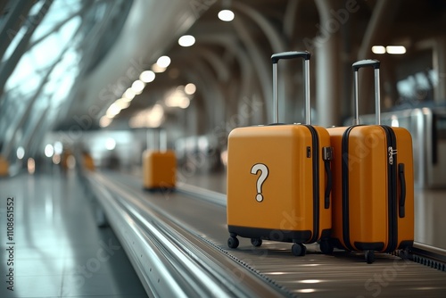 Two orange suitcases with question marks are seen on an airport's baggage carousel, immediately capturing the essence of travel and mystery in a modern setting. photo