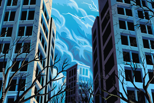 A bleak, futuristic cityscape; towering skyscrapers pierce a smog-choked sky, showcasing a dystopian zoological element integrated into the architecture.