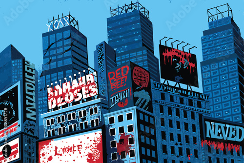 Render a dystopian cityscape skyline featuring dilapidated, torn economic billboards amidst decaying futuristic architecture.  Focus on the contrast between opulent advertising and urban decay.