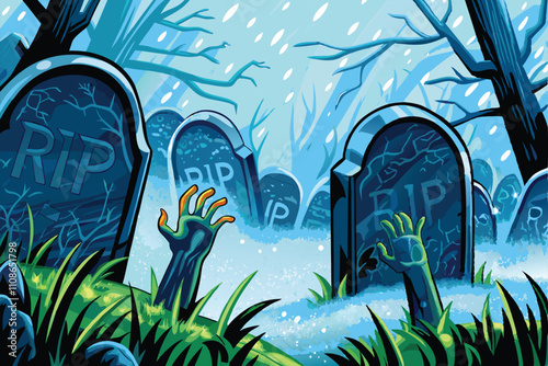 A surreal graveyard scene depicting tombstones etched with failed startup names, surrounded by decaying office equipment and emerging zombie hands clutching broken tech.