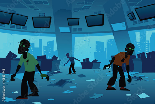 Decaying stock exchange, undead traders in tattered clothing haggle amidst rubble.  Gritty, post-apocalyptic scene.