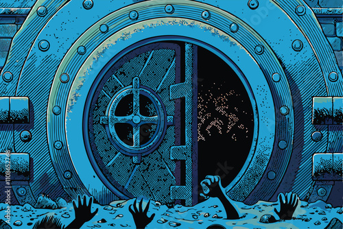 A crumbling bank vault door, breached and decaying, with ominous zombie silhouettes clawing and crawling across its surface under a sickly moon.