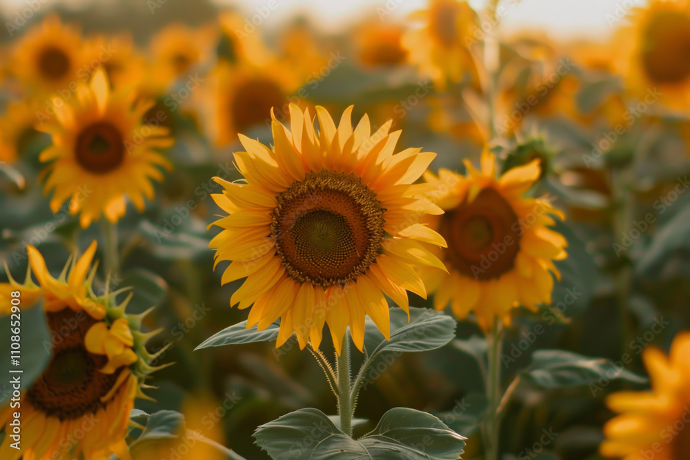 Fototapeta premium A field filled with blooming sunflowers showcases vivid golden petals under the warm light of sunset. Nature thrives as the sun sets in the background