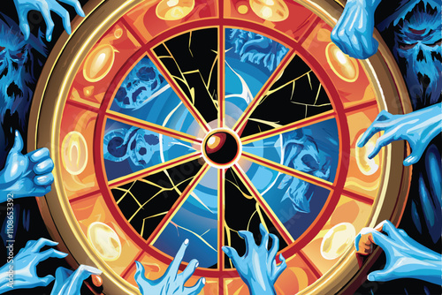 A decaying economic wheel, shattered and broken, with decaying zombie hands grasping at its fragments.  Depict economic collapse and societal decay.