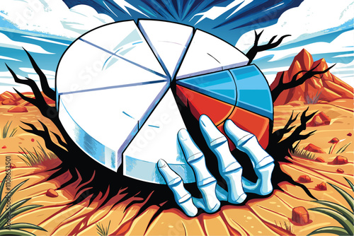A skeletal hand clutches fragments of a shattered pie chart representing a crumbling economy.  Dark, dramatic lighting emphasizes the fragility.