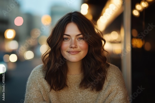 A young woman with wavy brown hair, smiling gently in an urban setting, surrounded by a warm bokeh light effect, exuding comfort, beauty, and calm. photo