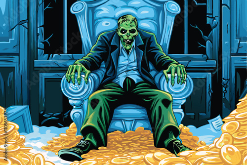 A decaying zombie bank manager, impeccably dressed, sits regally upon a throne crafted from stacked, decaying dollar bills.