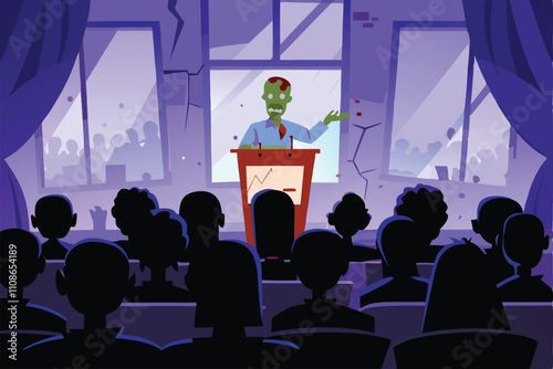 A decaying economist, zombie-like, presents economic data to a captivated audience of anthropomorphic animals (1).  Detailed, high-resolution, digital painting.