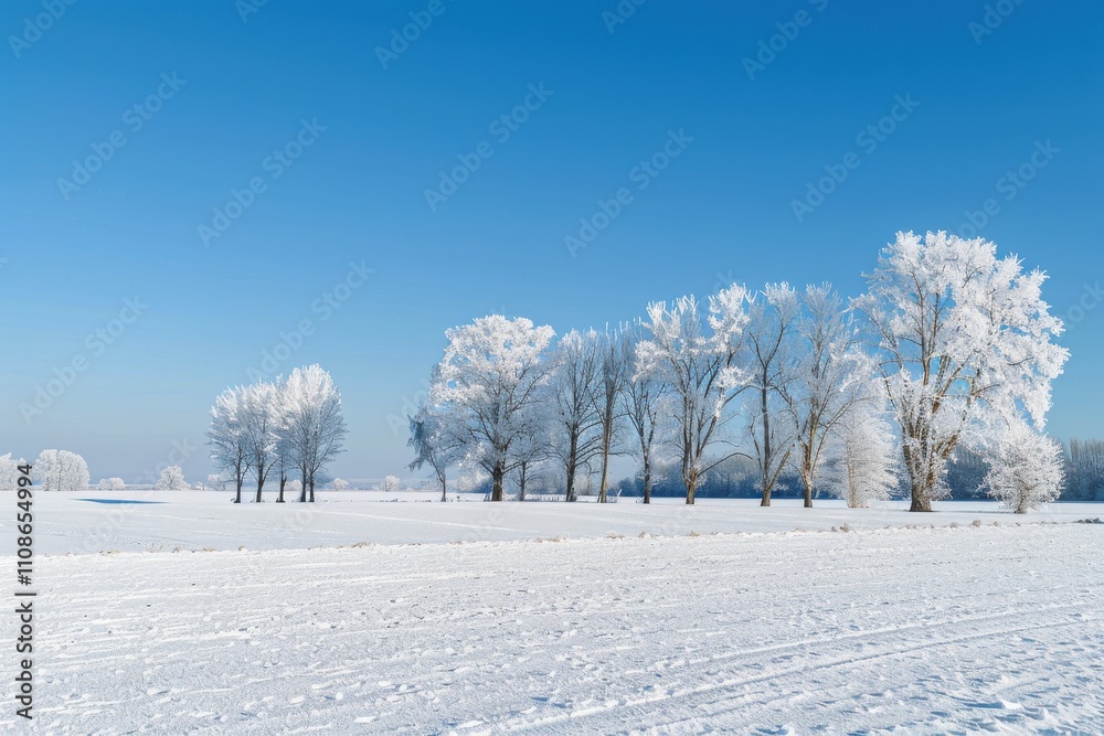 Clear Blue Sky Over a Snowy Landscape with Frosted Trees Clear Blue Sky Over a Snowy Landscape with Frosted Trees