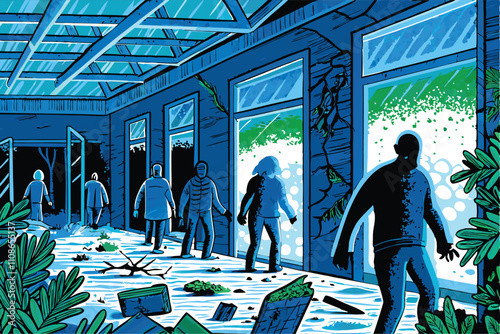 Depiction of emaciated, decaying zombie-like consumers shuffling through a ravaged, debris-strewn shopping mall, showcasing societal collapse.