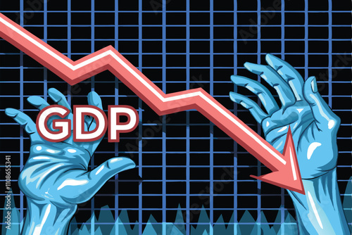 Decaying zombie hands claw through a shattered graph labeled 'GD (1)', representing economic downfall.