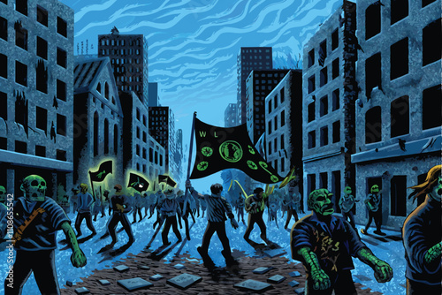 A massive horde of decaying zombies relentlessly marches through a crumbling brick wall, amidst a post-apocalyptic cityscape.