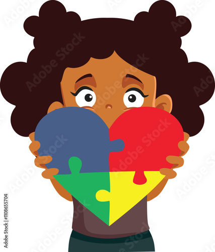 Little Girl Holding a Big Puzzle Heart Vector Illustration. Child of African ethnicity suffering from a neurodevelopmental disorder 
