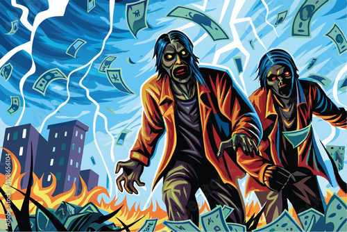 Decaying zombie traders in tattered suits frantically chase a tattered, floating dollar bill amidst urban debris.